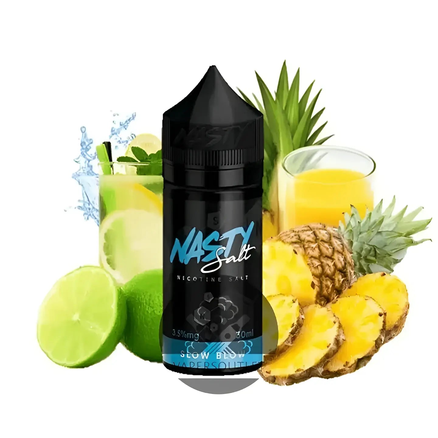 Black nasty slow blow nicotine salt e-liquid bottle with pointed cap and blue branding labeled seaweed flavor 30ML