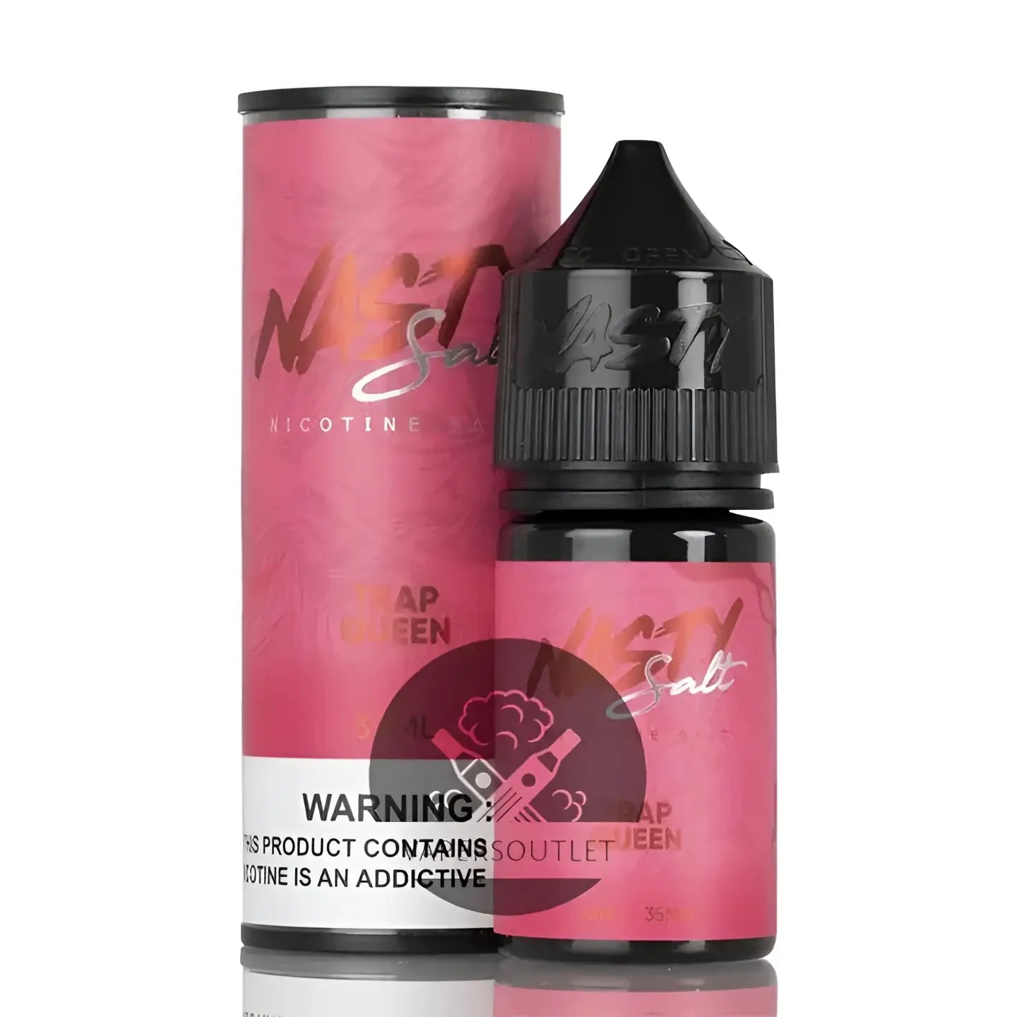Pink cylindrical nasty trap queen strawberry vape juice bottle with black cap and matching packaging by nasty salt