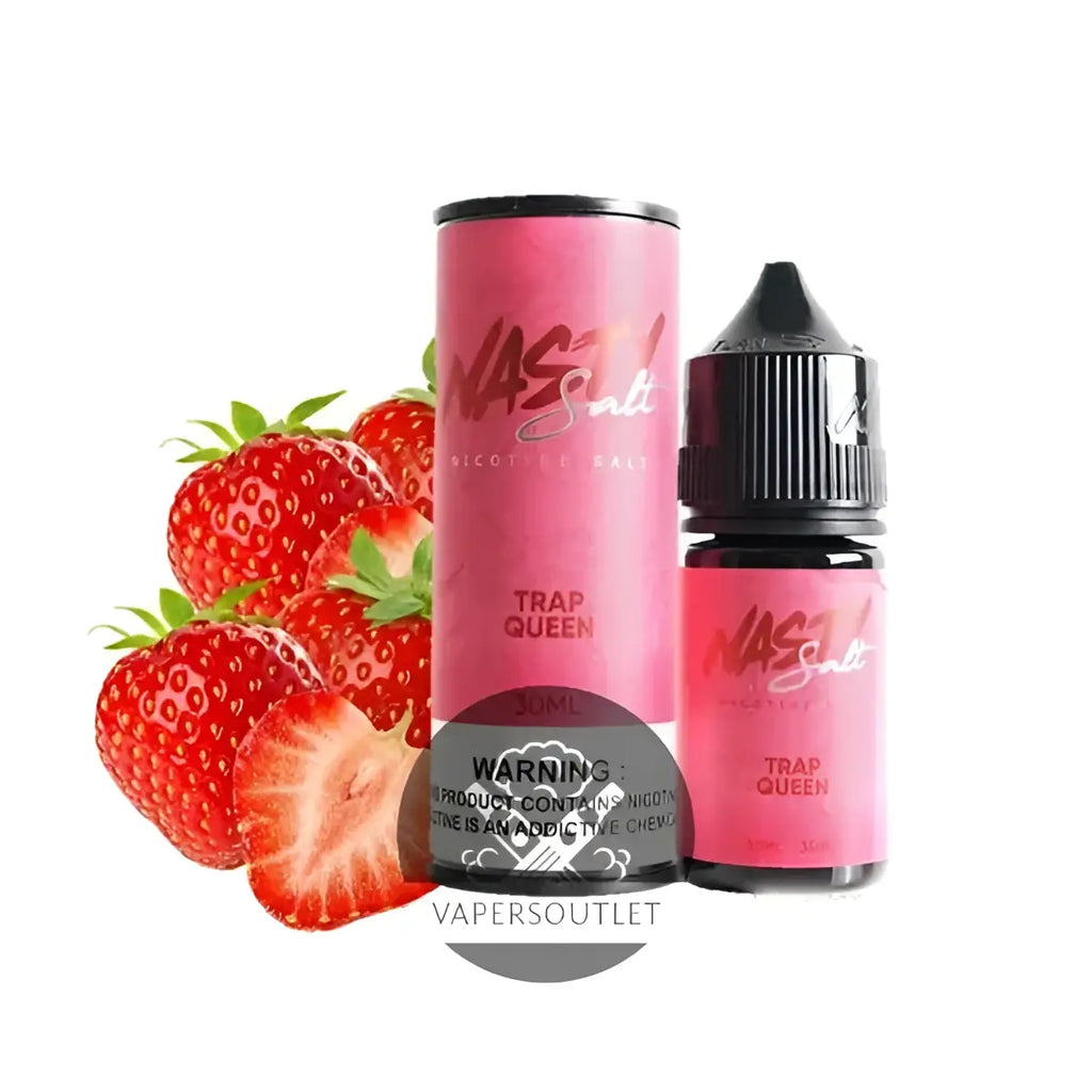Pink trap queen e-liquid bottle and cylindrical packaging with black cap and strawberry label by nasty trap queen vape juice
