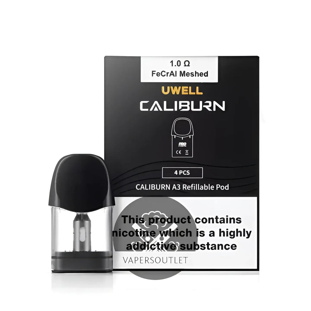 Black uwell caliburn a3 replacement pod with clear glass chamber and metallic coil shown beside packaging for vape pods india