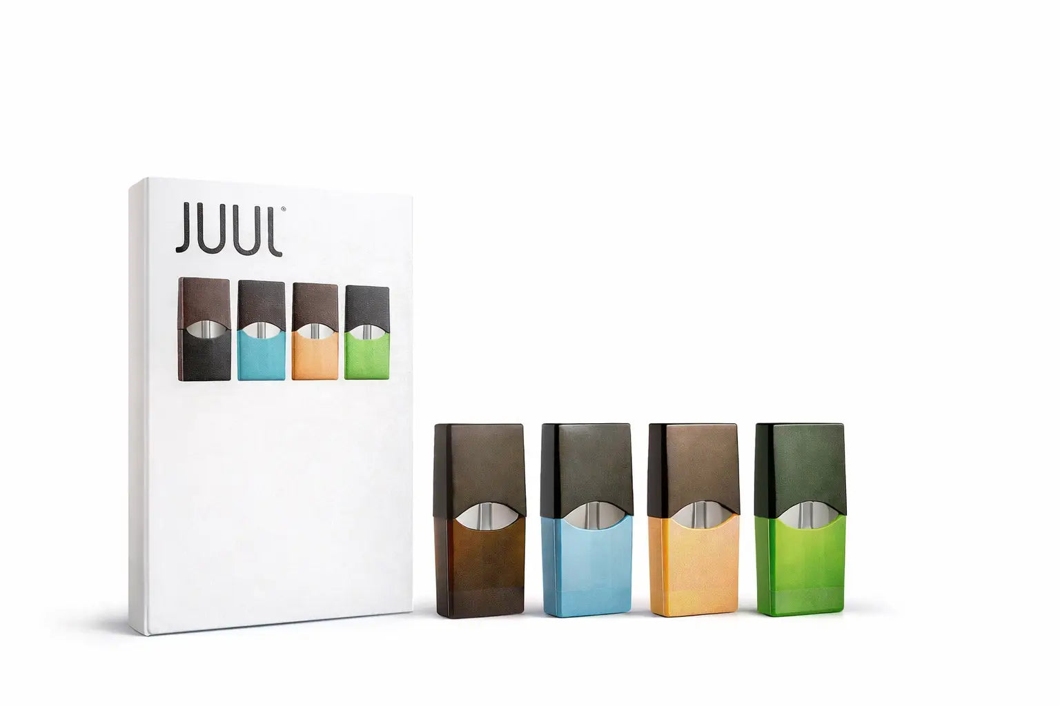 Juul compatible pods in assorted brown blue orange and green matte finish for premium nicotine vape replacements