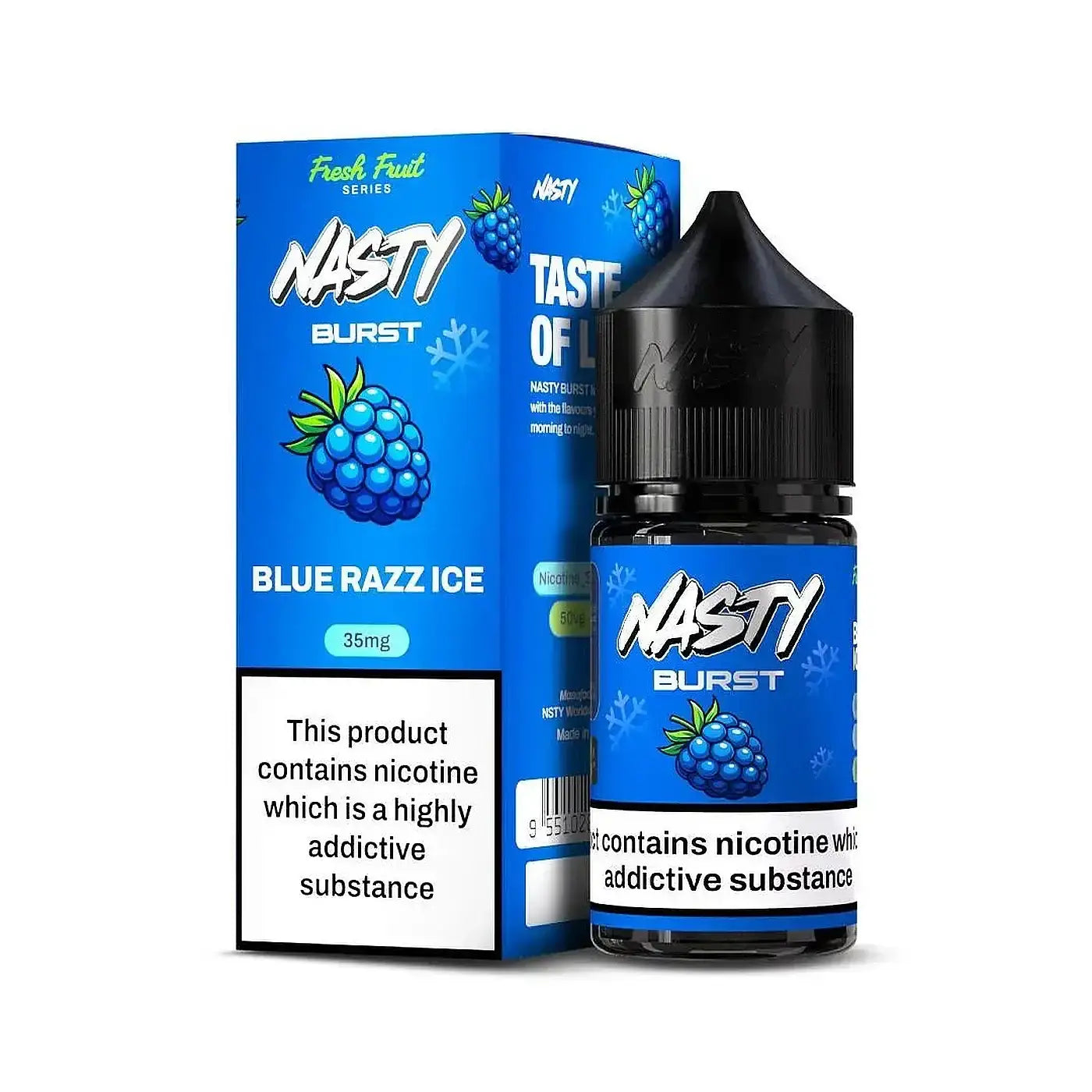 Blue razz ice e-liquid in a sleek black 30ml bottle with blue label and cap branded as nasty burst vape juice
