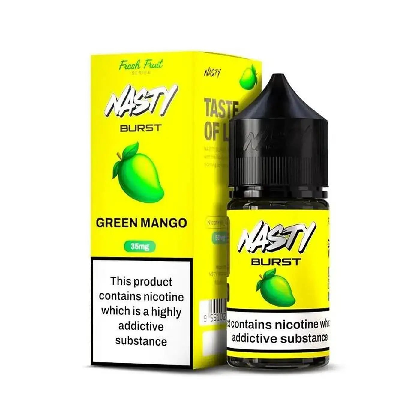 Vibrant yellow bottle of nasty burst green mango 30ml nic salt vape juice with black cap and matching box featuring mango illustration