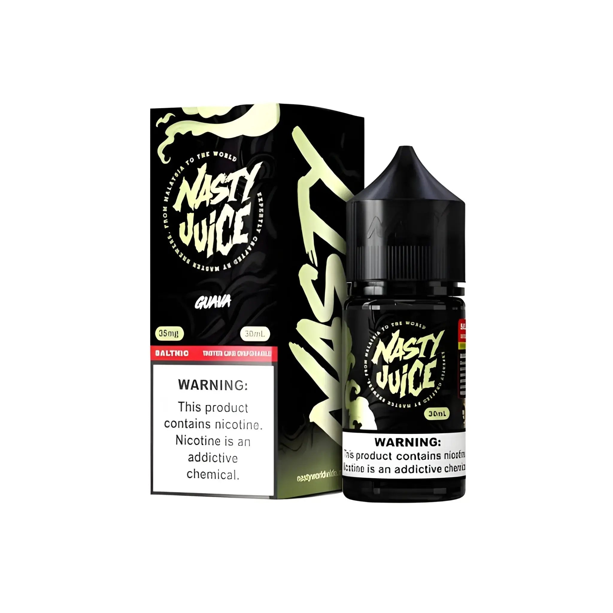Black glass bottle with neon green nasty juice guava branding 30ml nic salt vape juice from vape street india