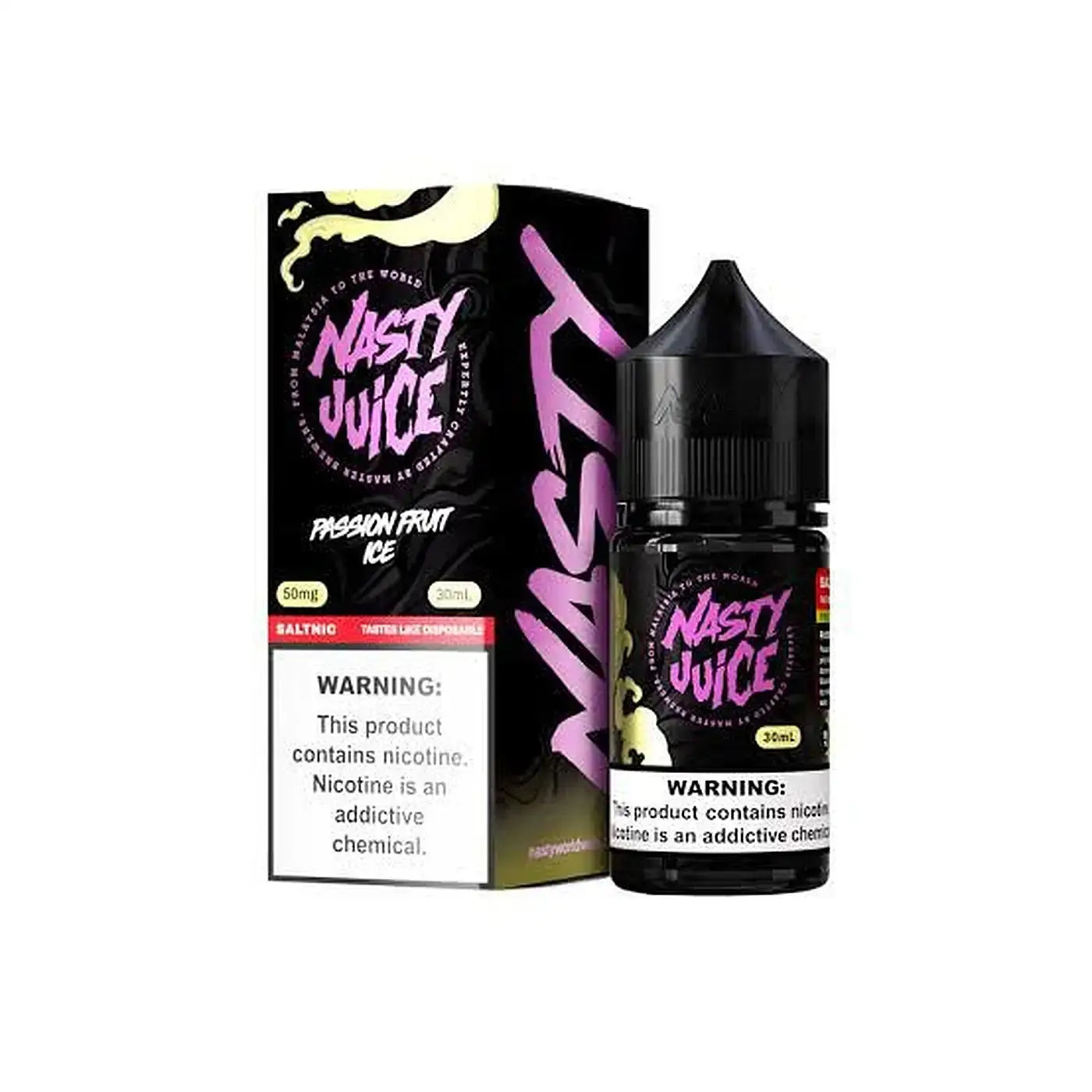 Black glass bottle with black cap and purple label featuring nasty juice passion fruit ice vape juice 30ml nic salt