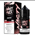 Black glass bottle with black cap and pink branding for nasty juice peach ice 30ml nic salt vape juice