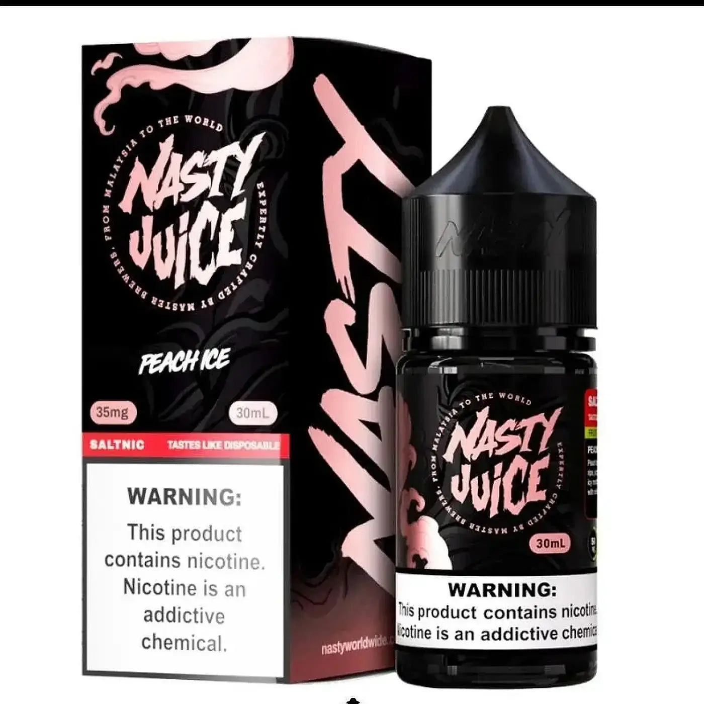 Black glass bottle with black cap and pink branding for nasty juice peach ice 30ml nic salt vape juice