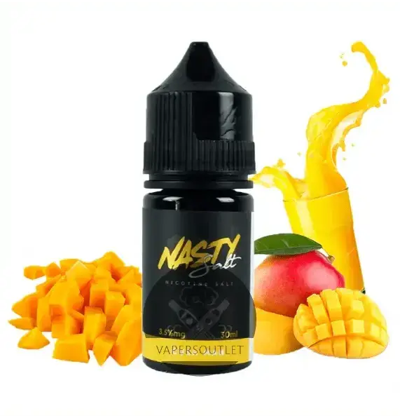 Black glass bottle with black cap labeled nasty salt in gold featuring mango imagery for nasty cushman mango vape juice