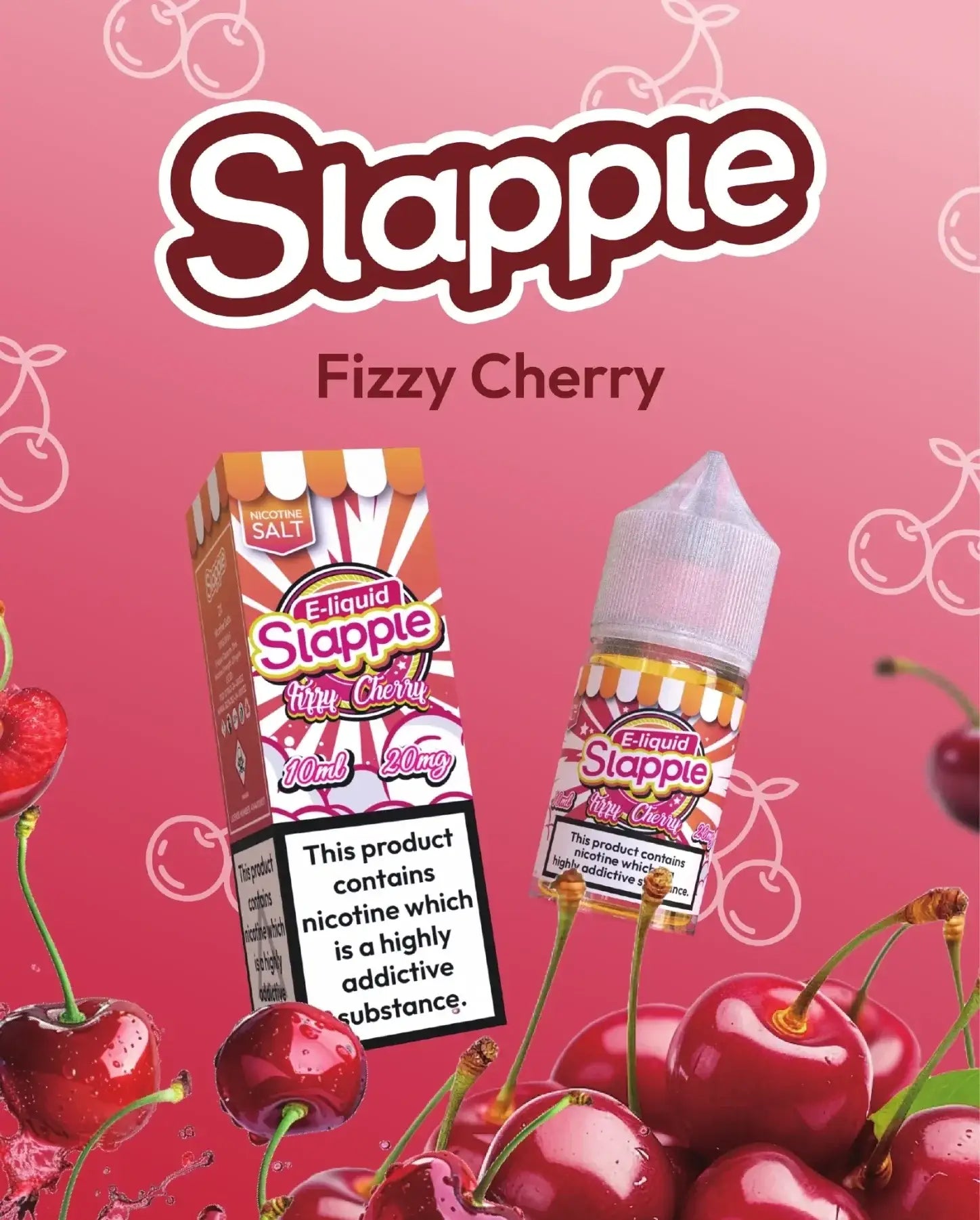 A vibrant pink and white striped box and matching bottle of slapple fizzy cherry nic salt e-liquid 30ml 30mg 50mg