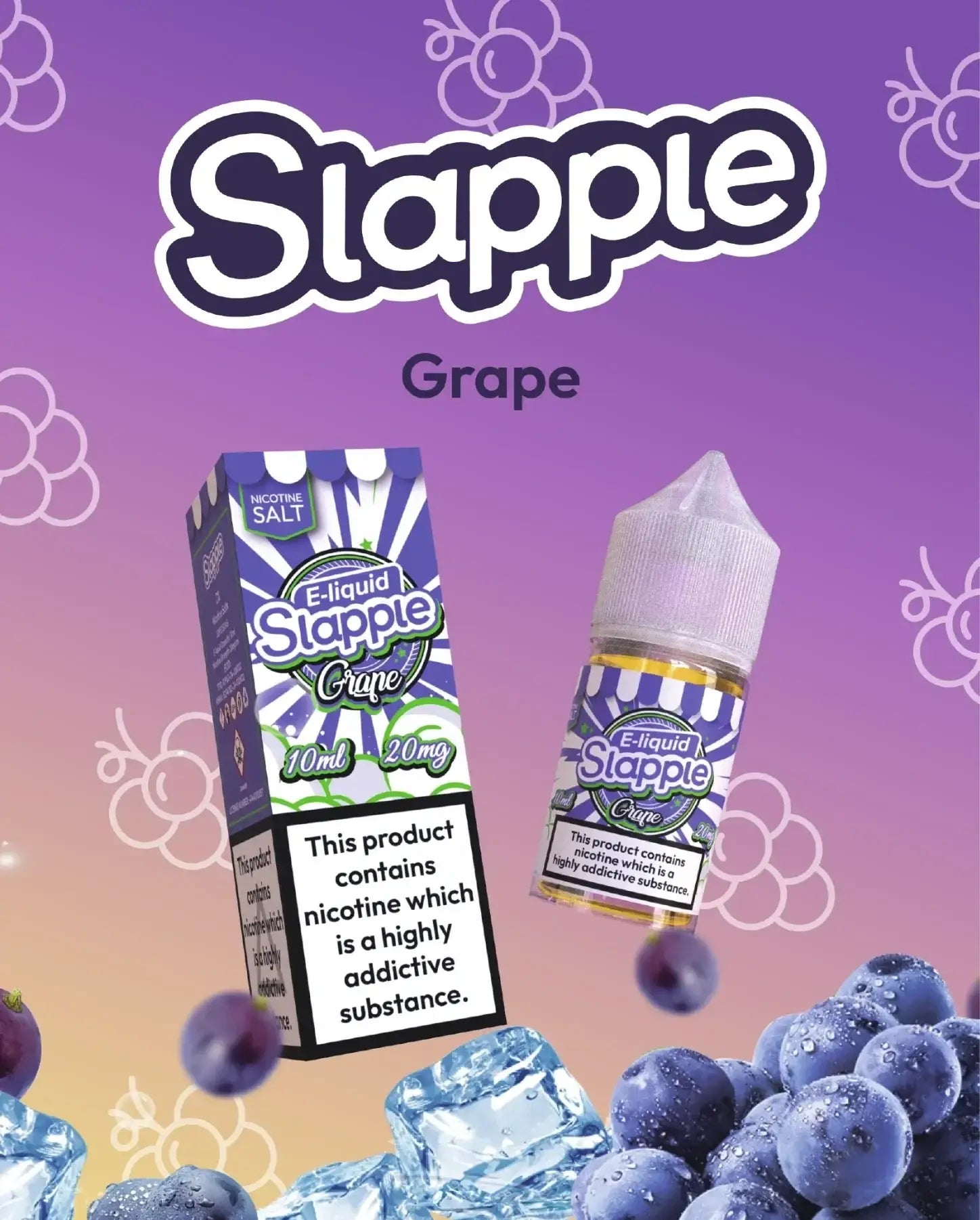 Bottle of slapple grape nic salt 30ml vape juice with purple-white label and matching box for vaping use