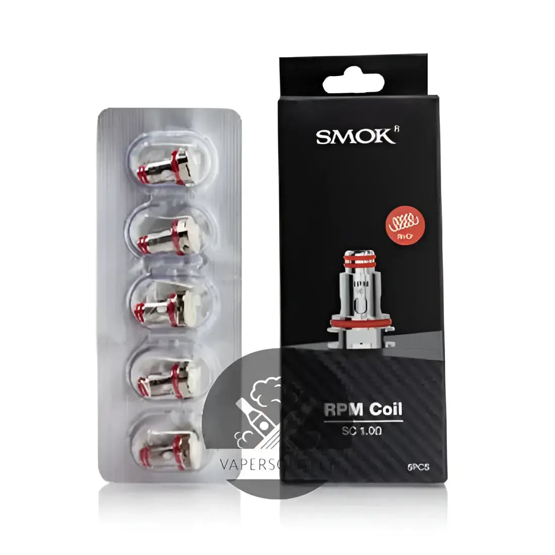 Smok rpm and nord replacement coils pack of 5 with silver and red mesh vape coils in black and red packaging
