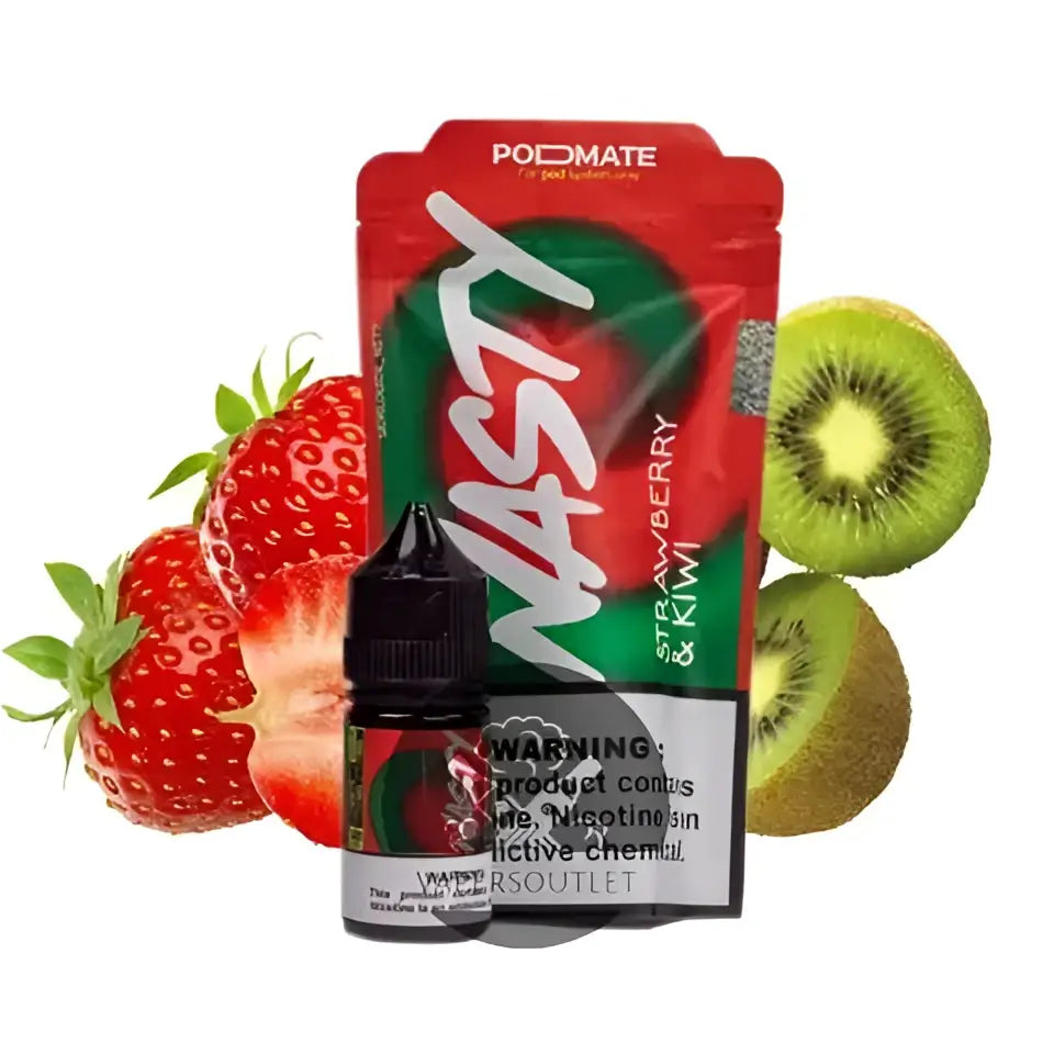 Red and green pouch of nasty juice podmate strawberry kiwi 30ml nic salt with black dropper bottle and fresh fruit