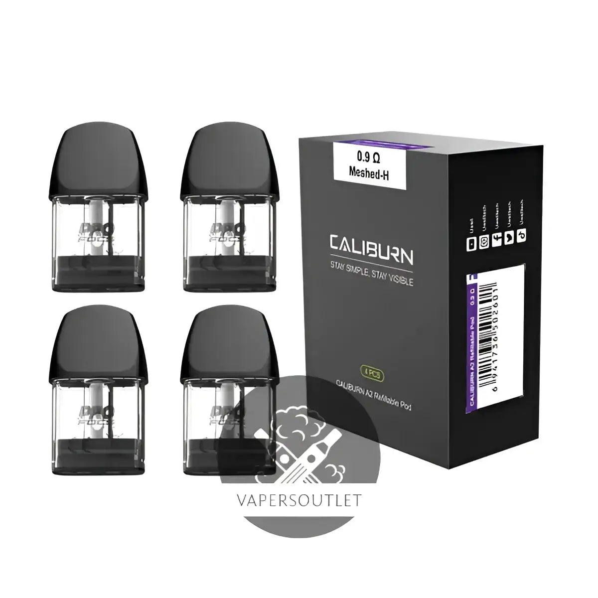 Black uwell caliburn ak2 replacement pods with clear glass chambers and black caps in a sleek black box packaging