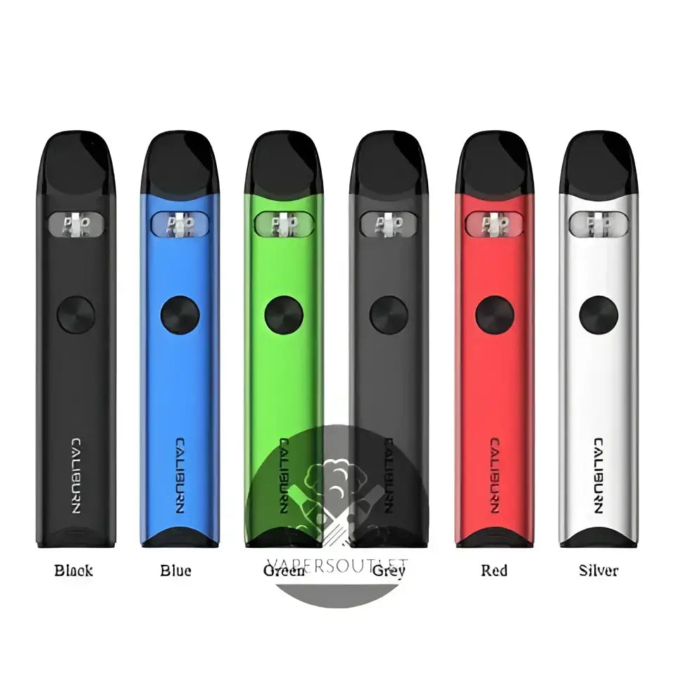 Six sleek matte finish uwell caliburn a3 15w pod system vape pens in black blue green grey red and silver colors