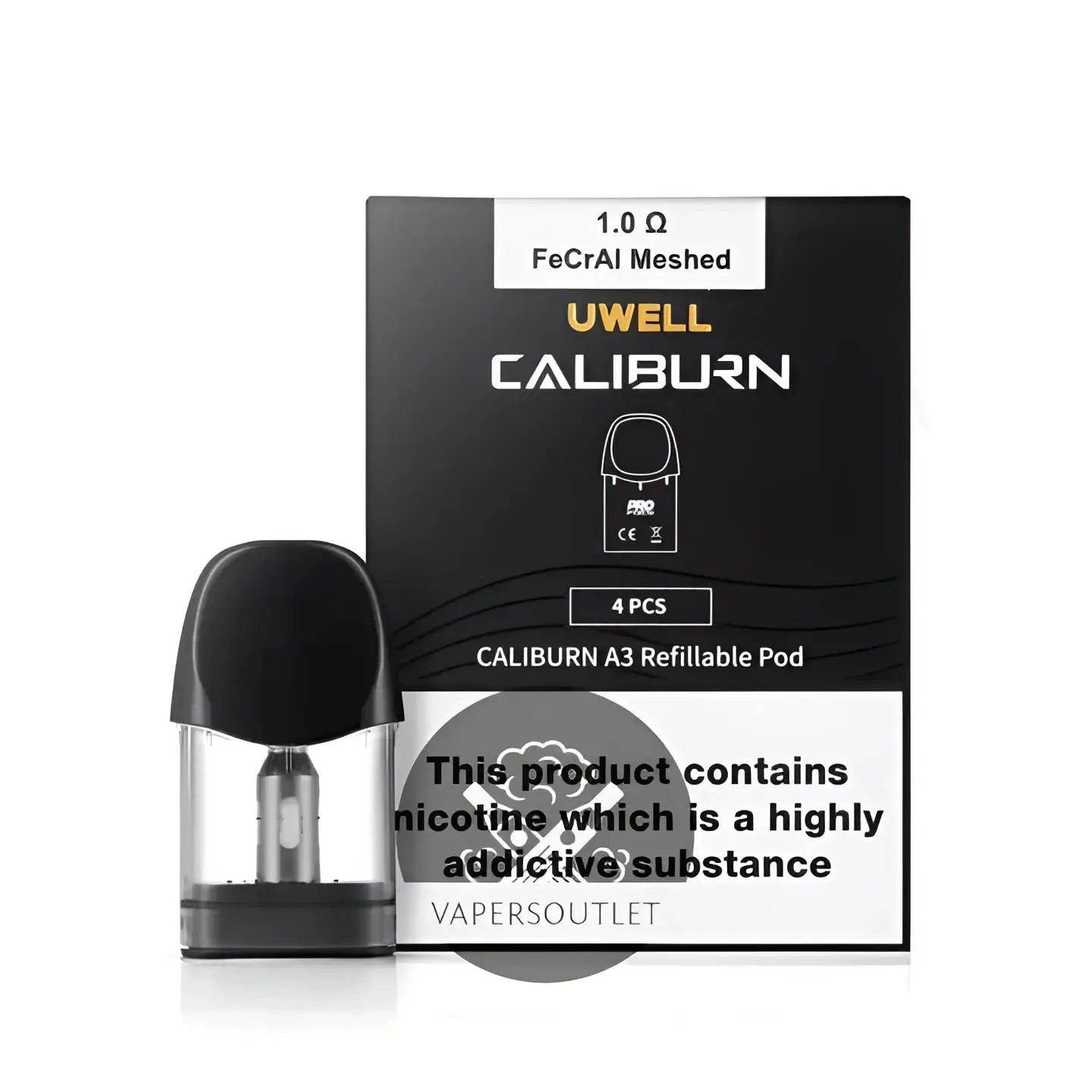 Black uwell caliburn a3 replacement pod with clear glass chamber and metallic coil shown beside packaging for vape pods india