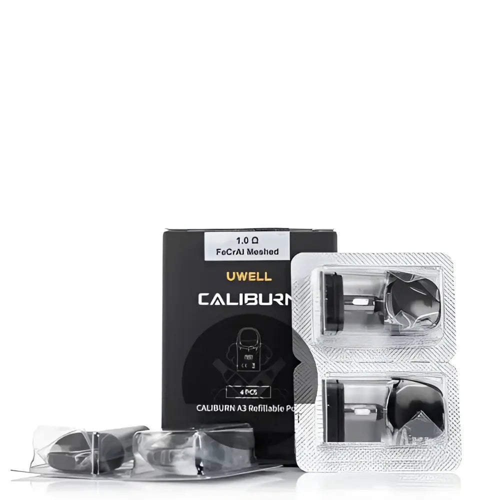 Black uwell caliburn a3 refillable replacement pods in clear blister packs for caliburn a3 replacement vape use