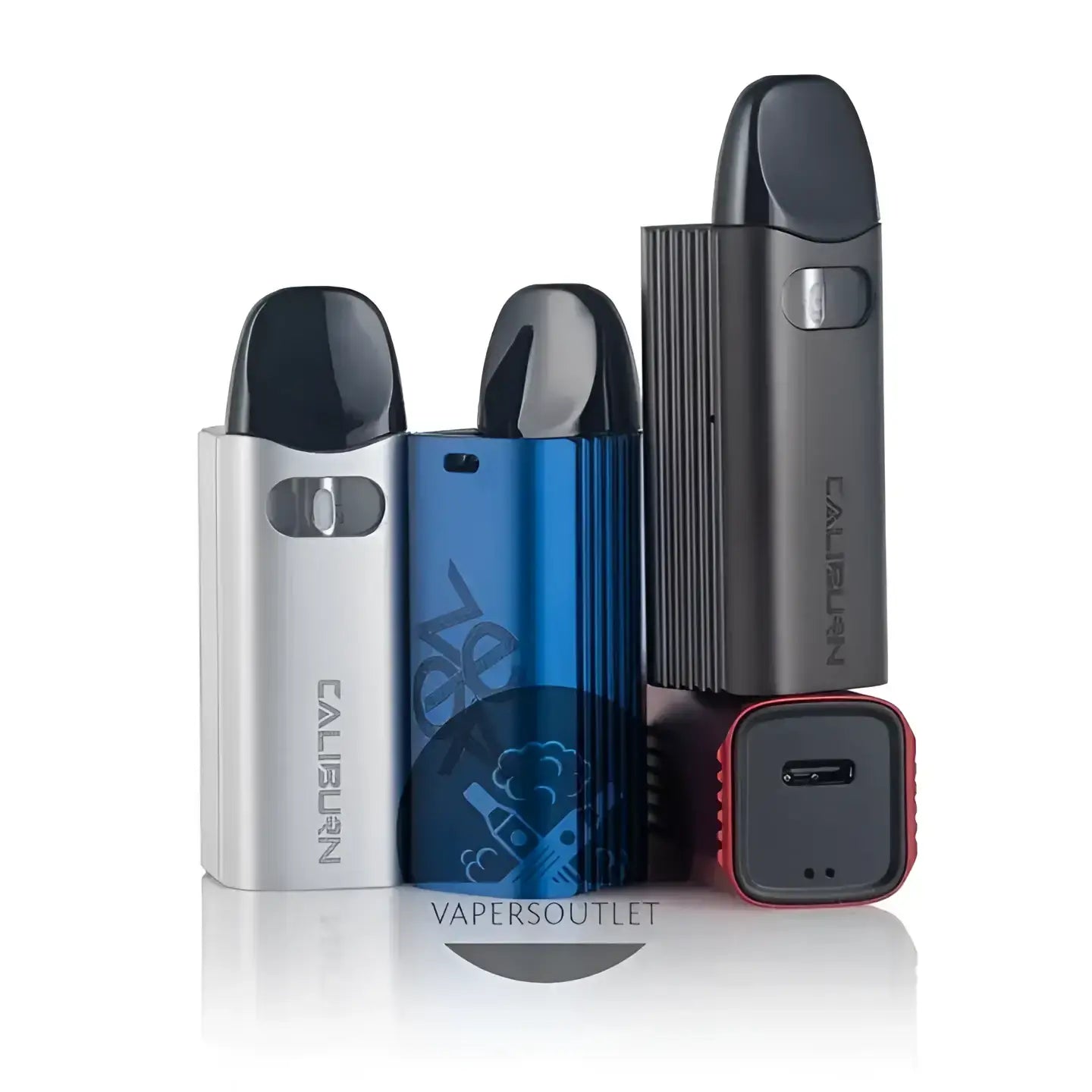 Three uwell caliburn az3 pod vaporizers in silver blue graphic design and black with sleek metallic bodies and black mouthpieces