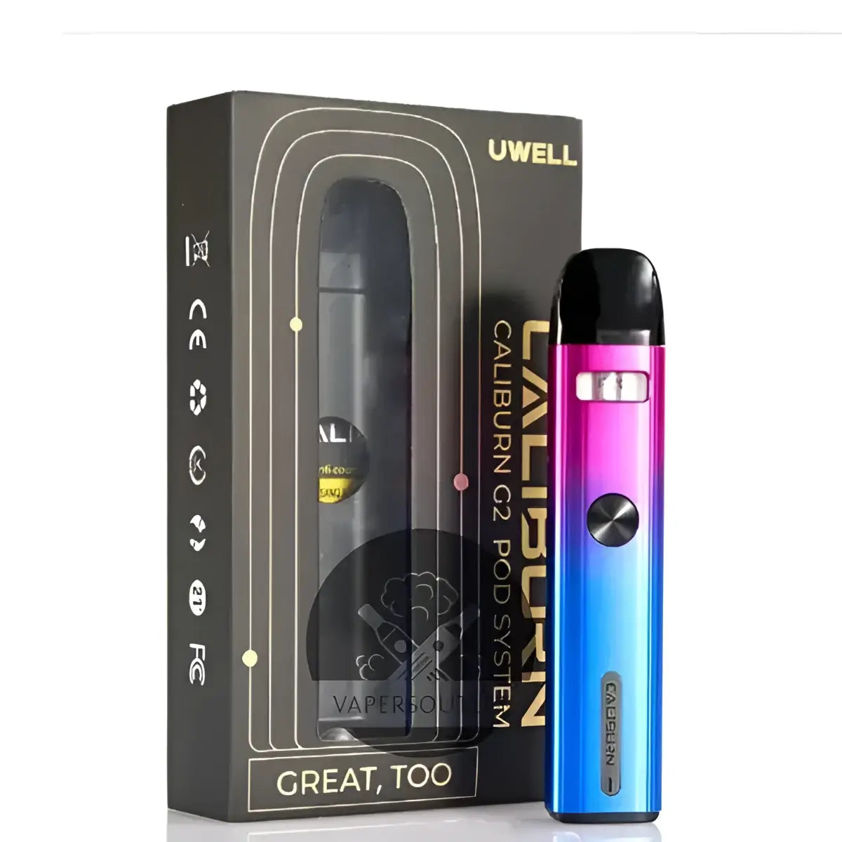 Uwell caliburn g2 18w pod system kit with sleek pink to blue gradient finish and dual firing black mouthpiece for mtl vaping