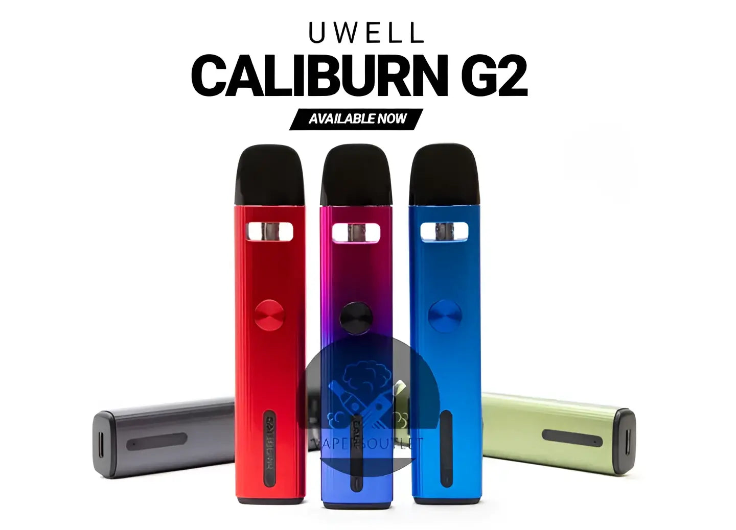 Three uwell caliburn g2 18w dual firing pod system kits in red purple gradient and blue metallic finishes with cases