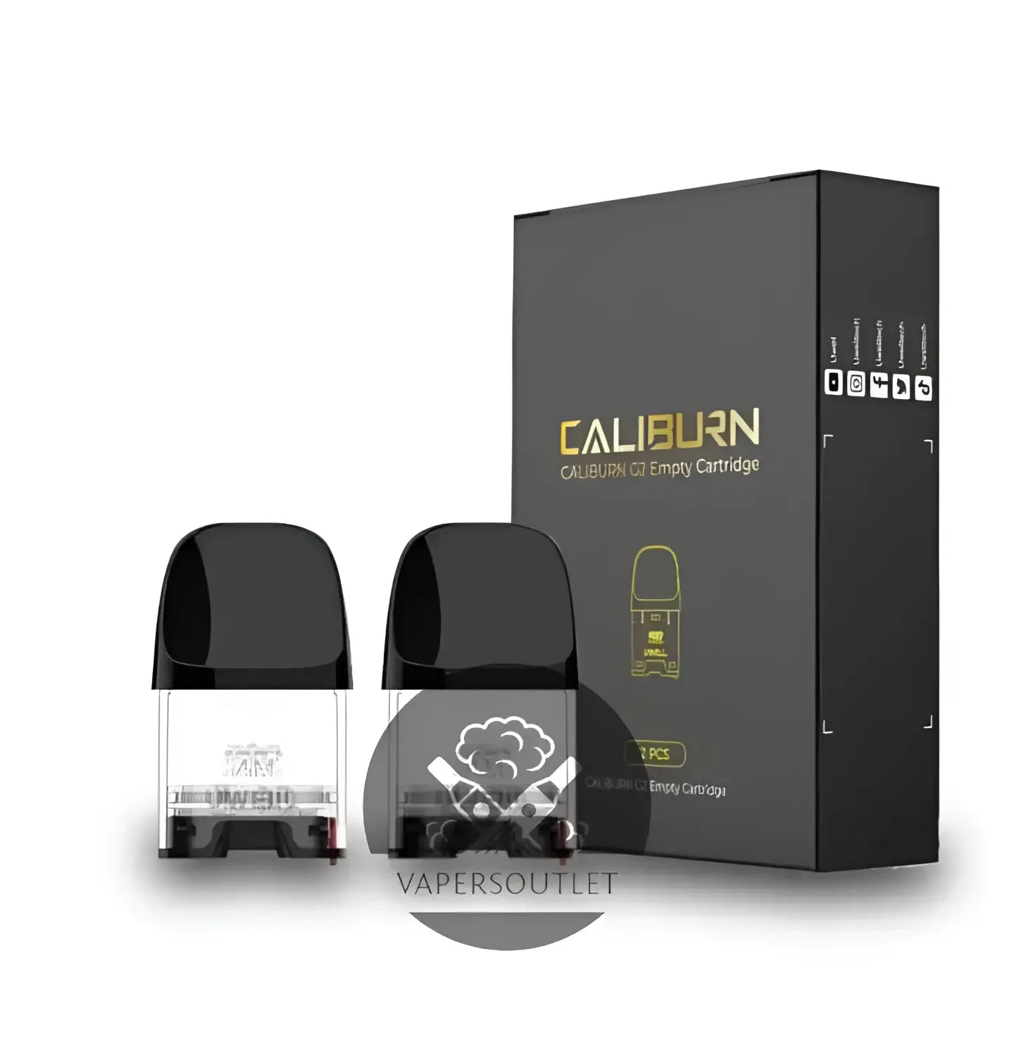 Black and clear caliber iq refillable uwell caliburn replacement pods with cloud design next to black packaging