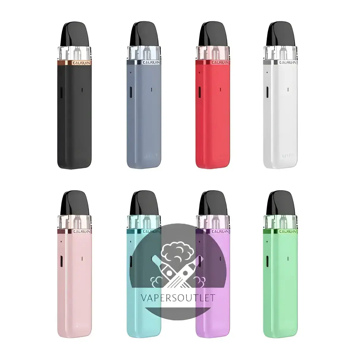 The uwell caliburn g3 lite 25w pod system kit features eight sleek vape pens in vibrant colors including black, red, and mint green