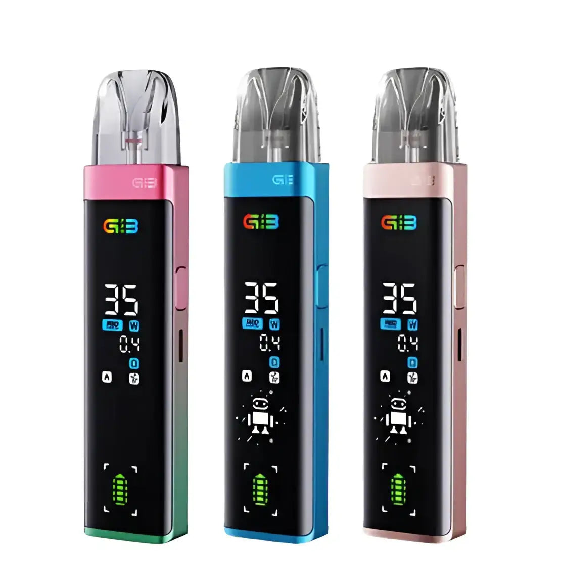 Three colorful uwell caliburn g3 pro pod vaporizers with sleek rectangular bodies and transparent top caps for vaping