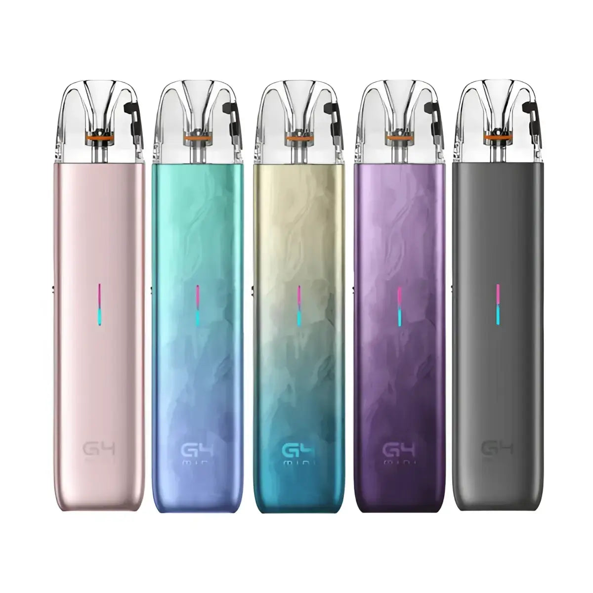 Five sleek gradient-colored vaporizers with transparent tops and gh mini logo by uwell caliburn g4 mini 35w pod kit