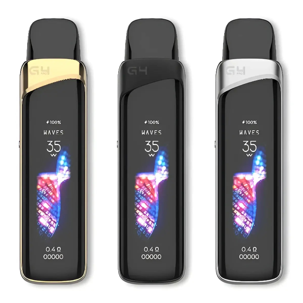 Three uwell caliburn g4 pro vape pens with metallic accents and led screens displayed on vape street india