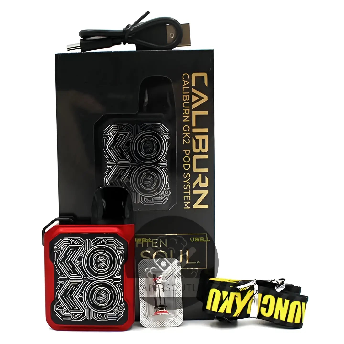 Red rectangular uwell caliburn gk2 pod system kit with black circuit-like pattern design for 18w vaping use