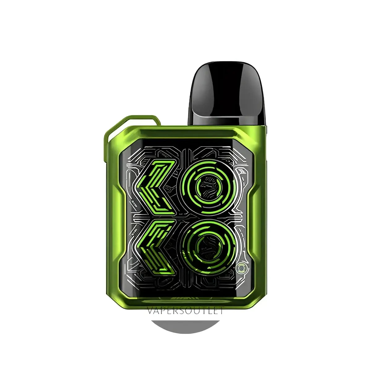 Vibrant lime green and black uwell caliburn gk2 pod system kit with glowing circuit patterns and 18w power for vaping