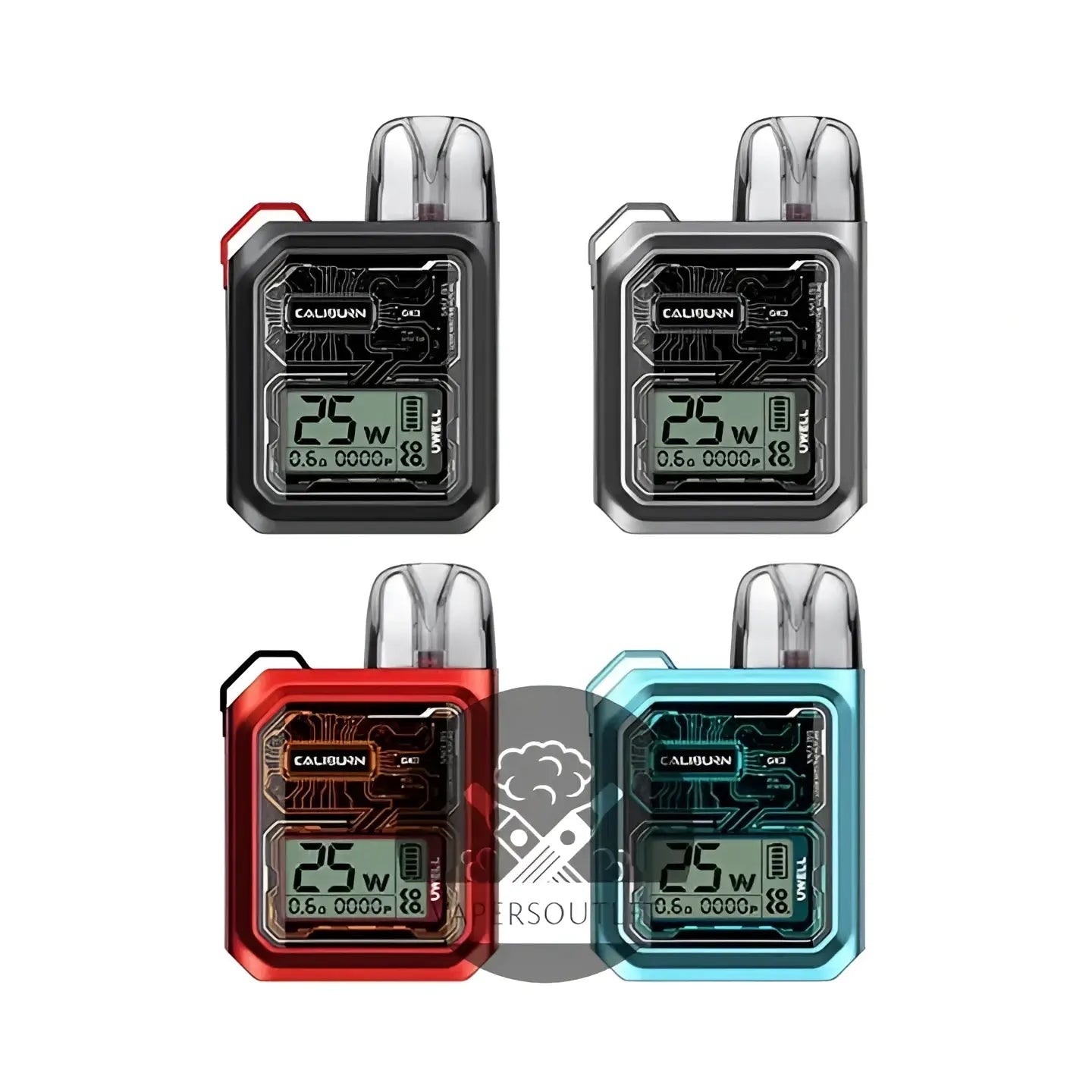Four uwell caliburn gk3 pod systems in black silver red and teal with 25w digital displays for vaping use