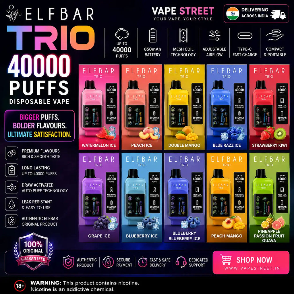 Elf Bar Trio 40000 Puffs disposable vape with three flavor modes, featuring sleek design and compact size.