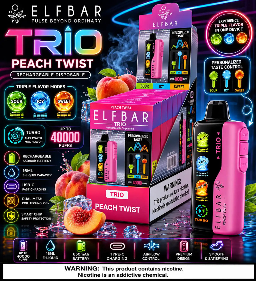 Elf Bar Trio 40000 Puffs disposable vape with peach twist flavor, featuring three flavor modes for a satisfying vaping experience.