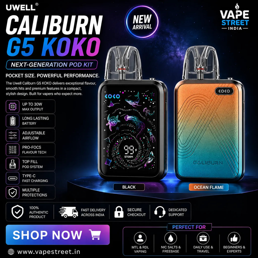 IVG Uwell Caliburn G5 KOKO vape pod kit with sleek design and compact size, ideal for vaping enthusiasts in India