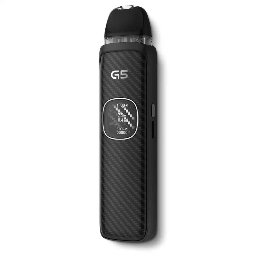 IVG Uwell Caliburn G5 Pod Kit in black carbon finish, compact vape device with sleek design and easy-to-use features.