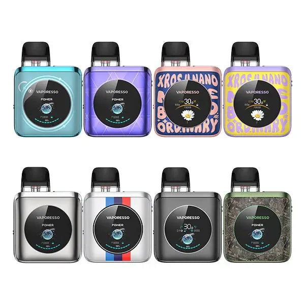 IVG Vaporesso XROS 4 Nano Pod Kit in various colors, compact vape device with replaceable pods and sleek design.