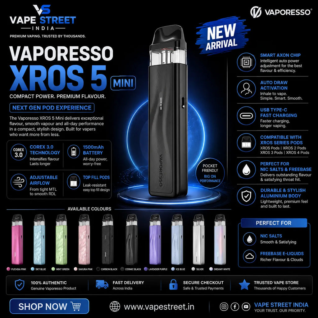 IVG Vaporesso XROS 5 Mini Pod Kit with refillable vape device, shown as a sleek black vape in India.