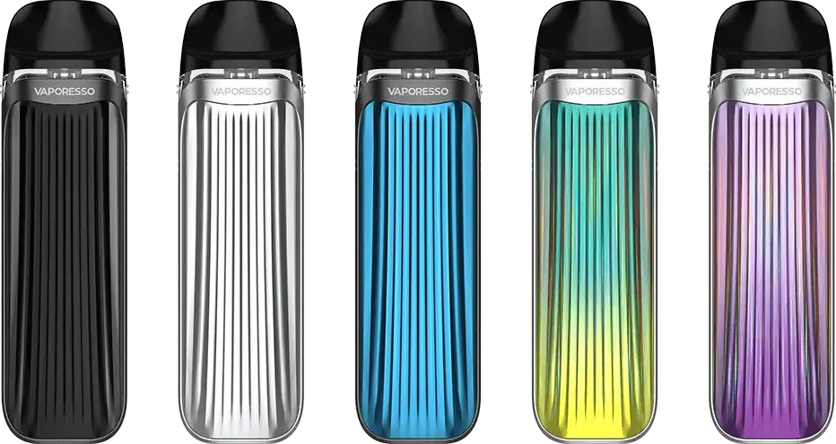 Five vaporesso luxe pod kits with ribbed designs in matte black silver blue rainbow and purple on vape street online india