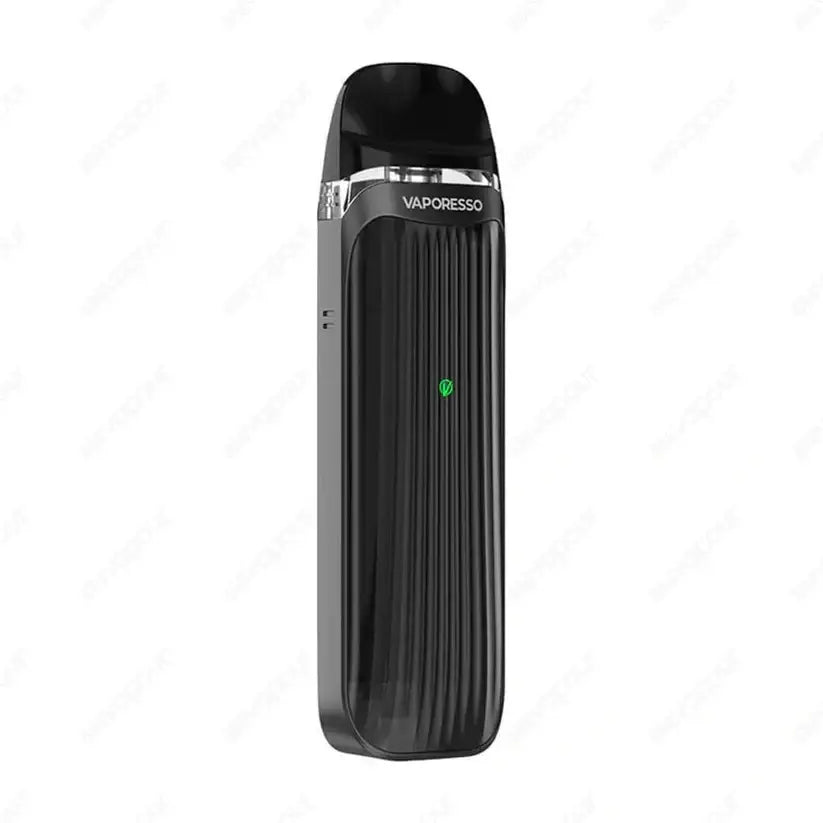 Black vaporesso luxe pod kit with sleek ribbed design and silver accents available at vape street in India