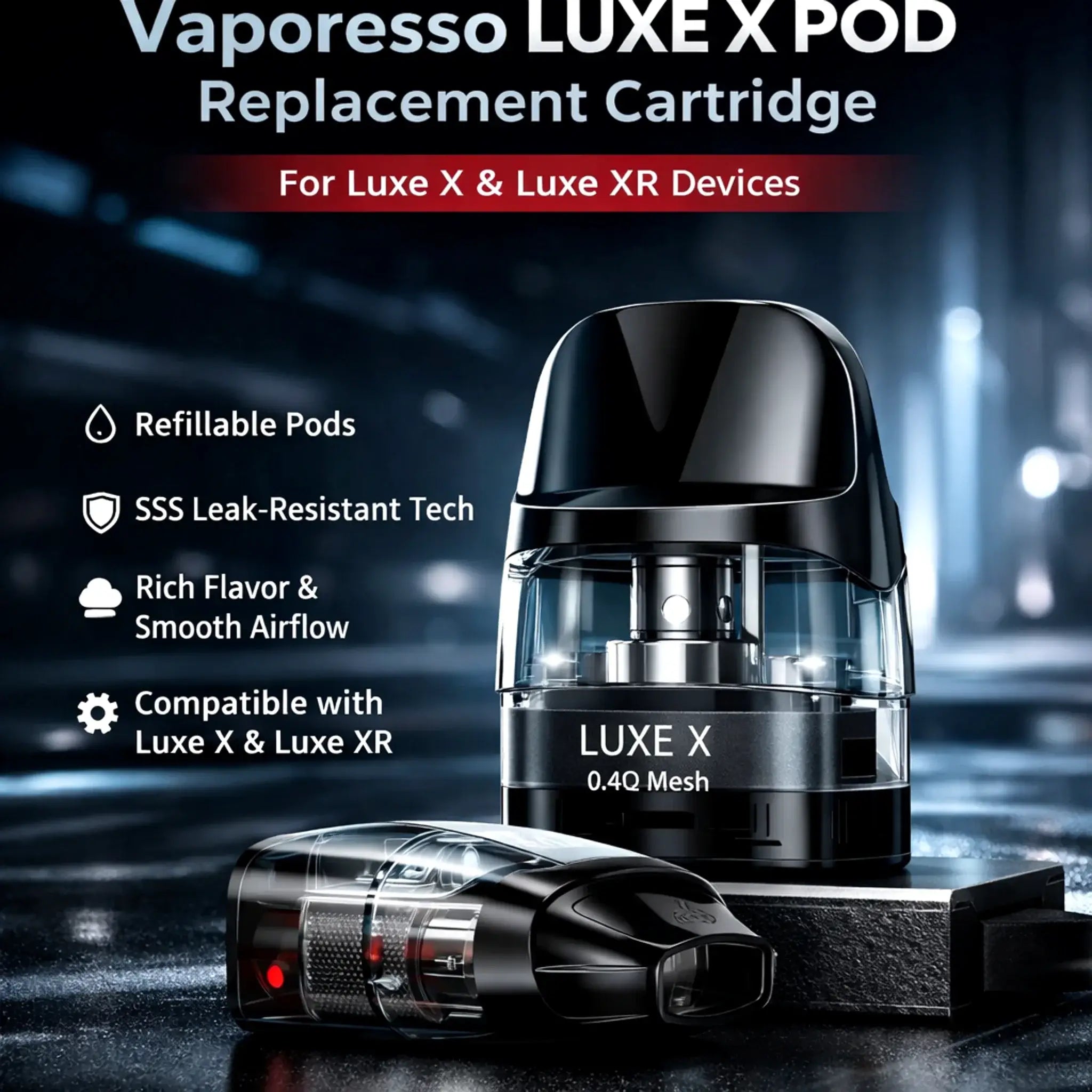 IVG Vaporesso Luxe X Pod replacement cartridge, refillable vape pod for Luxe X and Luxe XR devices, compatible and easy to refill.