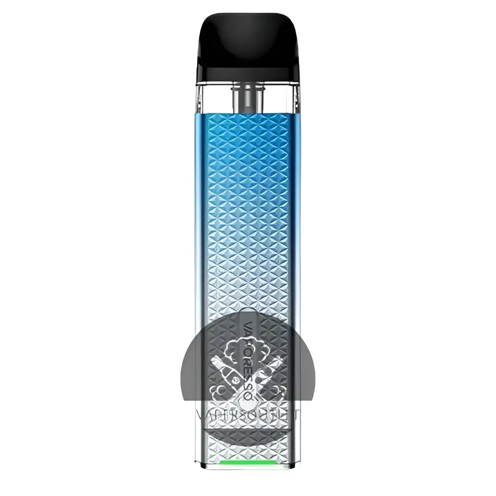Blue gradient textured vaporesso xros mini pod with black cap and silver logo for mtl to rdl vaping at vape street